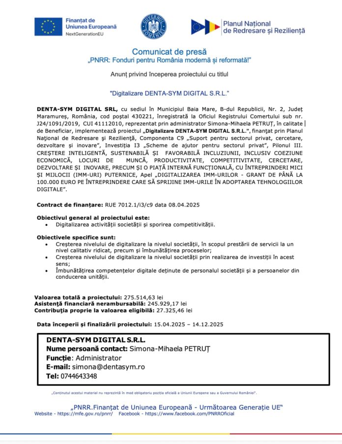 Comunicat de Presa PNRR : Digitalizare DENTA-SYM DIGITAL S.R.L.